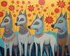 Diamond painting of whimsical wolves frolicking in a field of colorful flowers.