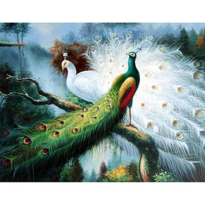 Diamond painting of a majestic white and colorful peacock.