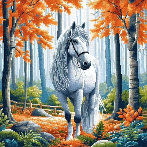 Image of diamond painting of a white horse in autumn forest misty scenery