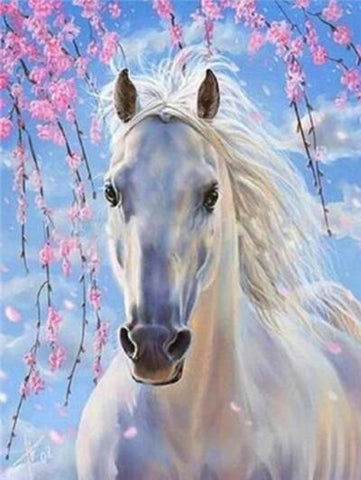 Image of Diamond painting of a white horse standing under a tree with pink cherry blossoms.
