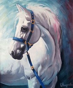 Image of Diamond painting of a white horse with a flowing mane.