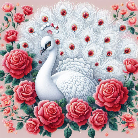 Image of Diamond painting of a majestic white peacock.