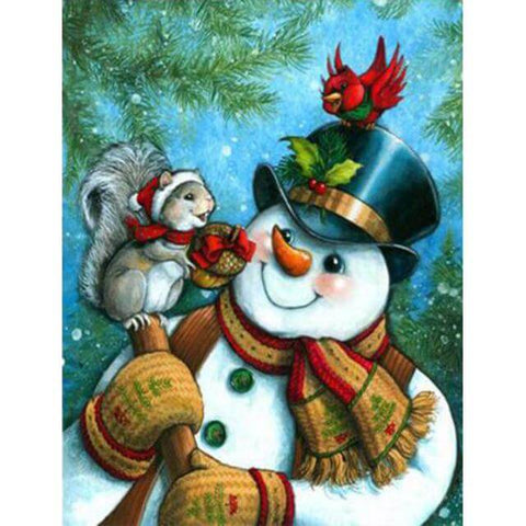 Image of Diamond painting of a winter scene with a snowman and a squirrel.
