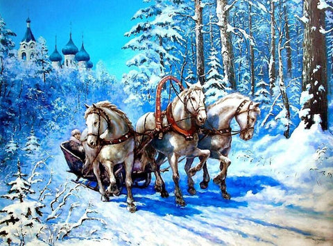 Image of Diamond painting of three white horses pulling a sleigh across a snowy landscape. 