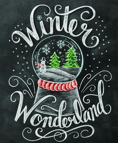 Image of Diamond painting of a snow globe with a winter wonderland scene, including a snowman, pine trees, and falling snow. The text "Winter Wonderland" is written in chalkboard style.