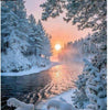 Diamond painting of a serene winter landscape with a snow-covered river winding through a pine forest.
