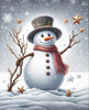 A cheerful snowman wearing a top hat and scarf, surrounded by snowflakes and pine trees in a winter wonderland scene.