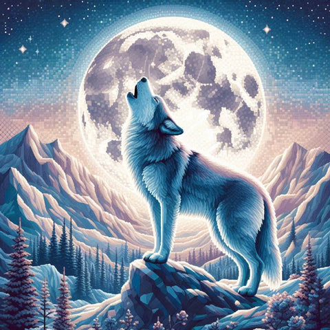 Image of diamond painting of a wolf howling at the full moon