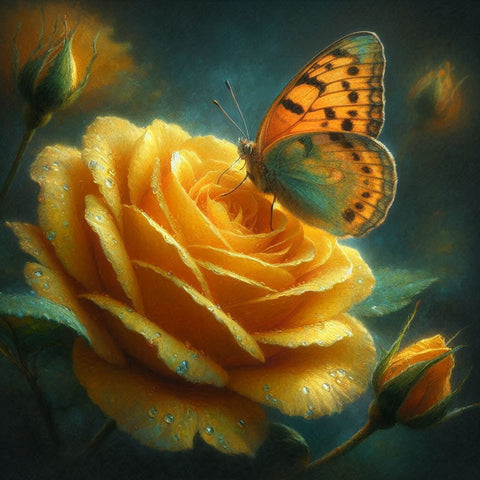 Image of Diamond painting of a Yellow butterfly on a yellow rose
