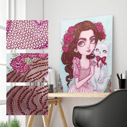 Image of Girl with her Kitty Special Shaped Drills DIY Partial Diamond Painting