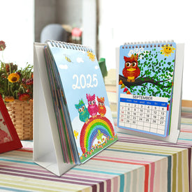 2025 desk calendar featuring owl and rainbow themed diamond painting designs for each month, spiral bound DIY craft and organizational tool