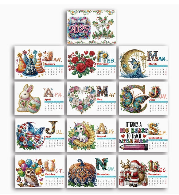 Complete set of 2025 diamond painting calendar pages showing all twelve months with unique themed designs, DIY craft for each month