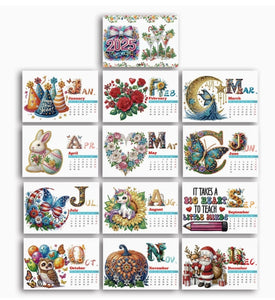Complete set of 2025 diamond painting calendar pages showing all twelve months with unique themed designs, DIY craft for each month