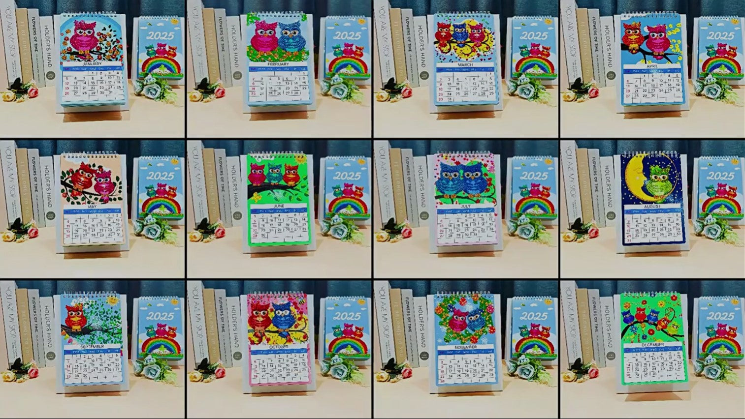 Complete 2025 diamond painting calendar set showing all twelve months with owl-themed designs, DIY craft for each month