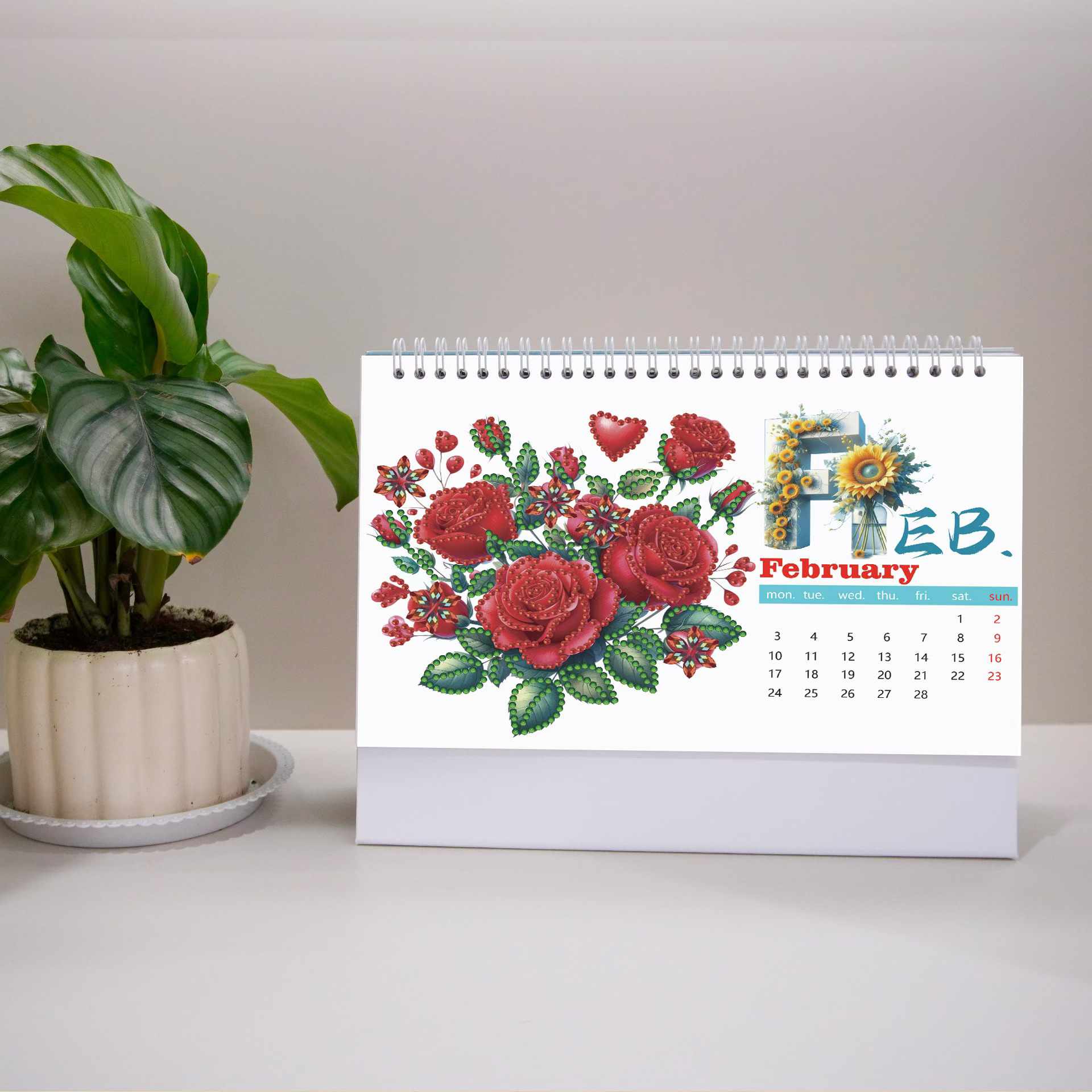 February 2025 diamond painting desk calendar featuring roses and sunflowers design, DIY craft for monthly planning