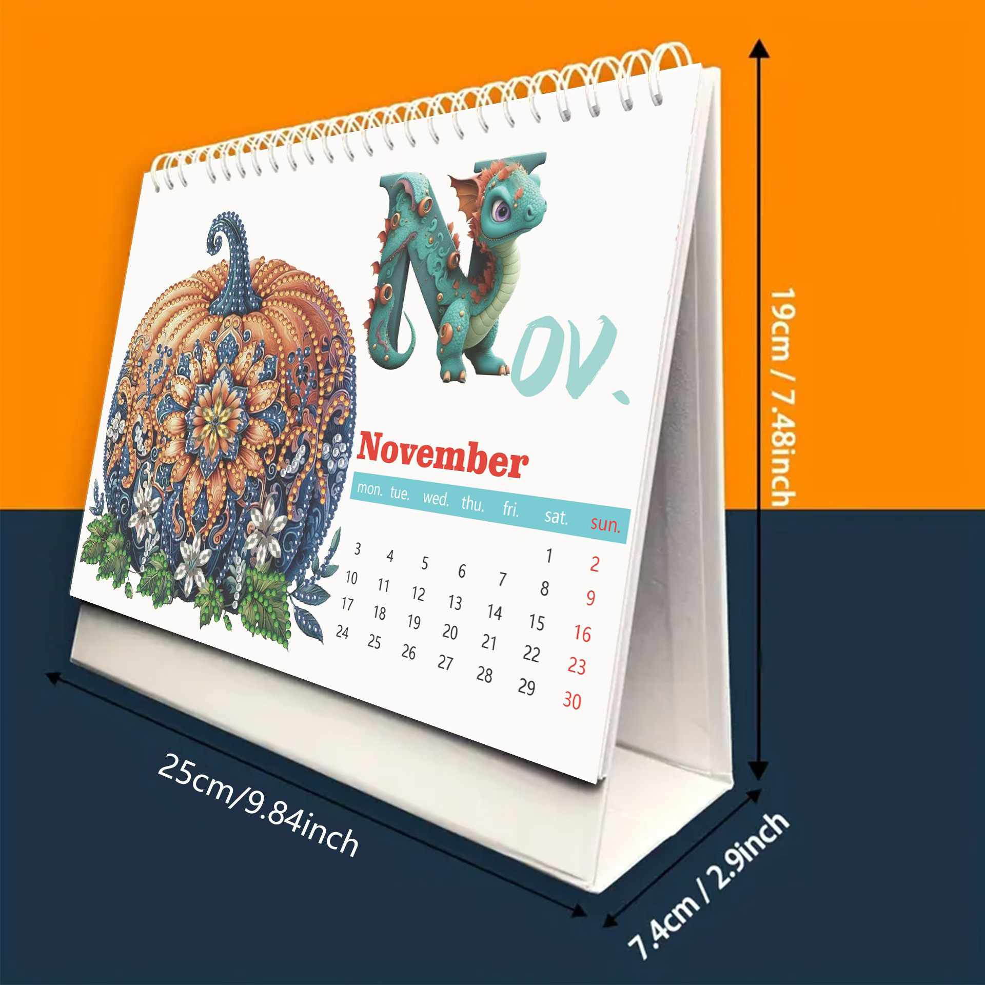 November 2025 diamond painting desk calendar featuring pumpkin and dragon design with dimensions 19cm height, 25cm width, 7.4cm depth, DIY craft for monthly planning