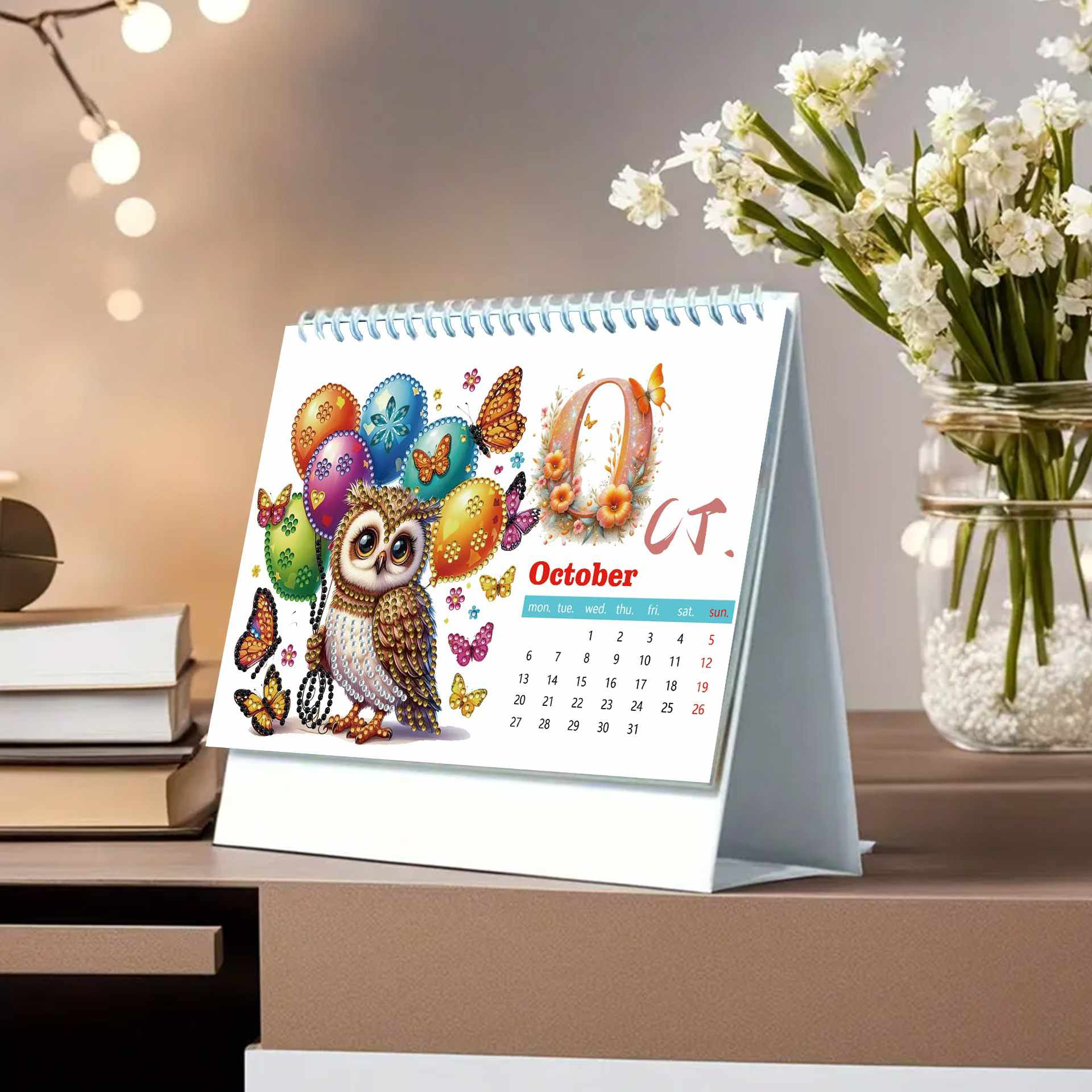 October 2025 diamond painting desk calendar featuring owl and butterflies design, DIY craft for monthly planning
