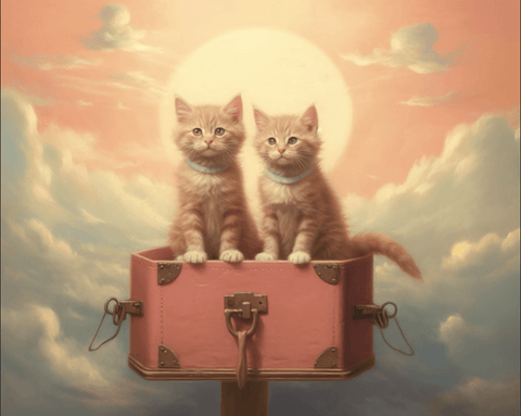 Image of Adorable duo of kittens sitting in a pink box on a cloud, diamond painting.