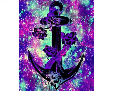 Image of Black anchor surrounded by colorful flowers and a galaxy background