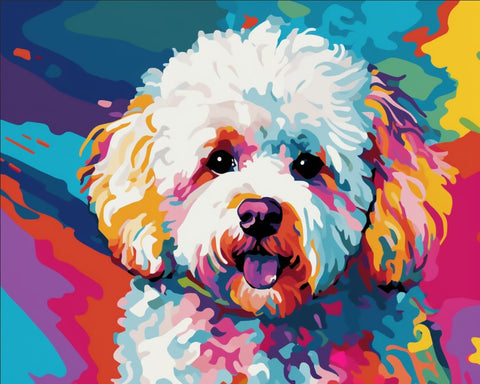 Image of Diamond painting of a Bichon Frise in a vibrant pop art style, featuring bold colors and contrasting shapes.