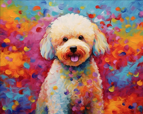 Image of Diamond painting of a Bichon Frise with a playful expression, surrounded by a vibrant chromatic palette.