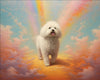 Diamond painting of a Bichon Frise standing on a cloud with a rainbow in the background.