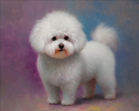 Diamond painting of a Bichon Frise standing elegantly on a purple background.
