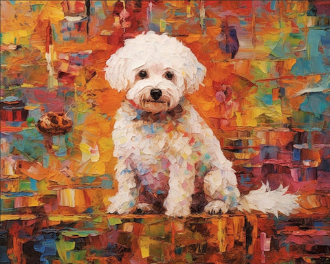 Image of Diamond painting of a Bichon Frise sitting amidst a colorful impressionist landscape.