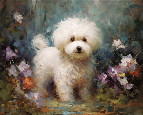 Image of Diamond painting of a Bichon Frise standing in a field of colorful wildflowers, painted in an impressionist style.