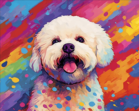 Image of Diamond painting of a Bichon Frise in a vibrant pop art style, surrounded by colorful splashes and dots.