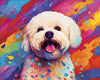 Diamond painting of a Bichon Frise in a vibrant pop art style, surrounded by colorful splashes and dots.