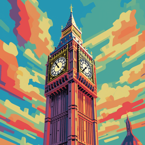 Image of Diamond painting of Big Ben, a famous clock tower in London, England, with a colorful sky in the background.