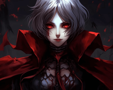 Image of Diamond painting of a beautiful vampire with white hair and red eyes, wearing a red cloak and a choker. She has a mysterious and alluring expression.