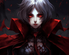 Diamond painting of a beautiful vampire with white hair and red eyes, wearing a red cloak and a choker. She has a mysterious and alluring expression.