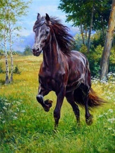 Diamond painting of a black horse roaming freely in a lush green forest.