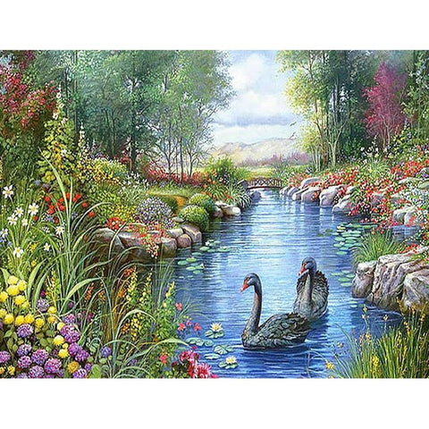 Image of Black swans swimming in a forest lake diamond painting kit.