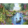 Black swans swimming in a forest lake diamond painting kit.