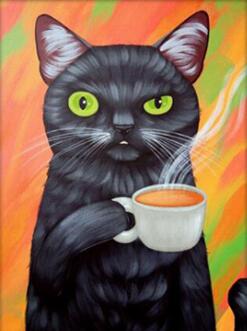 Image of Diamond painting of a black cat with green eyes, holding a steaming cup of coffee and looking unimpressed.