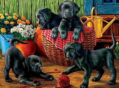 Image of Diamond painting of adorable black Labrador Retriever puppies playing in a garden. Two are peeking out of a basket, while the others are playing with a ball of yarn.