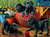 Diamond painting of adorable black Labrador Retriever puppies playing in a garden. Two are peeking out of a basket, while the others are playing with a ball of yarn.