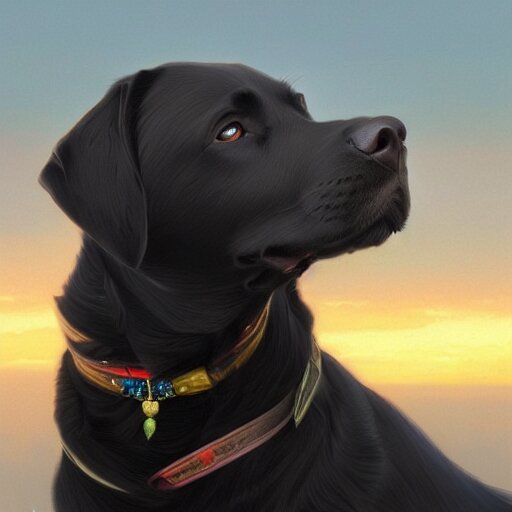 Diamond painting of a black Labrador Retriever looking off into the distance against a beautiful sunset, wearing a colorful collar with a charm.