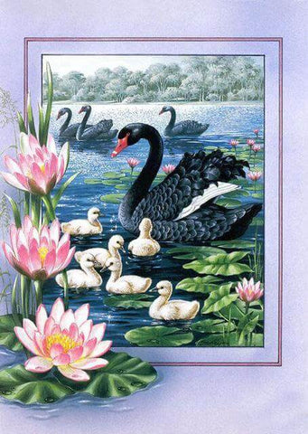 Image of Diamond painting of a black swan with its cygnets, swimming in a pond surrounded by water lilies and lush greenery.