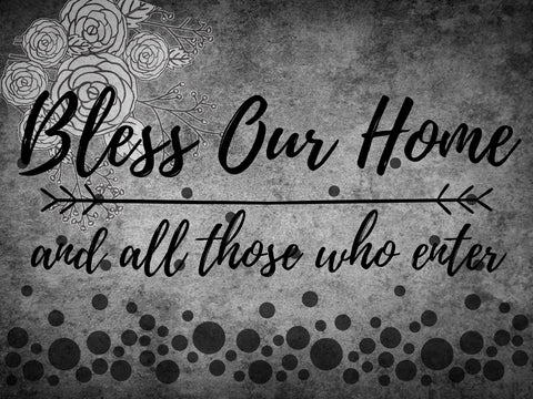 Image of Diamond painting with the inspirational quote "Bless our home and all those who enter," surrounded by floral elements and a textured background.