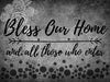 Diamond painting with the inspirational quote "Bless our home and all those who enter," surrounded by floral elements and a textured background.