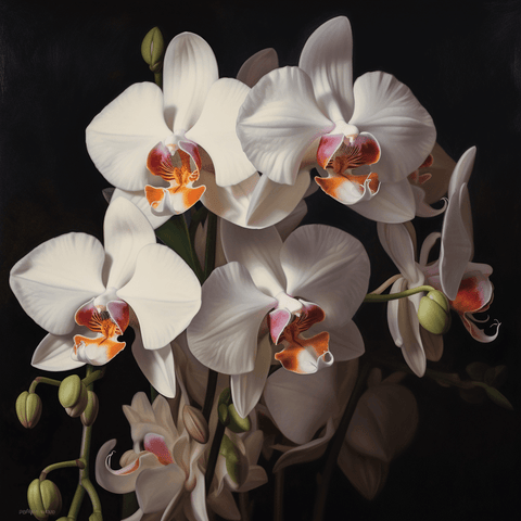 Image of Diamond painting of a cluster of elegant white orchids with orange and yellow centers, blooming against a dark background.