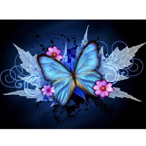 Image of Diamond painting of a beautiful blue monarch butterfly with pink flowers and swirling patterns.