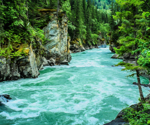 Image of Diamond painting of a beautiful blue lake surrounded by lush green mountains.