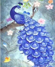 Image of Diamond painting of a beautiful blue peacock with its tail feathers spread out, surrounded by flowers.