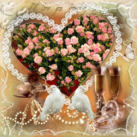 Image of A diamond painting depicting a romantic wedding scene with a bouquet of pink roses arranged in the shape of a heart, two doves perched on a nest, two champagne glasses, and the words "I'll love you forever" written in cursive.