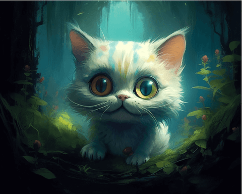 Image of Diamond painting of a whimsical cat with bright eyes and a cute expression, surrounded by a magical forest.